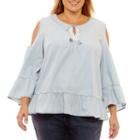 St. John's Bay 3/4 Sleeve Ruffle Cold Shoulder Blouse-plus