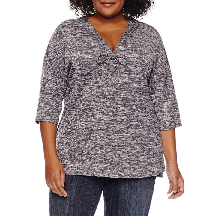 Liz Claiborne Elbow Sleeve V Neck T-shirt-plus
