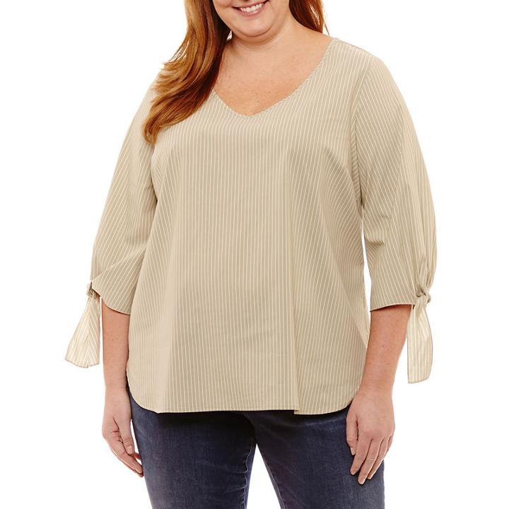 Long Sleeve V-neck Tie Sleeve Blouse - Plus