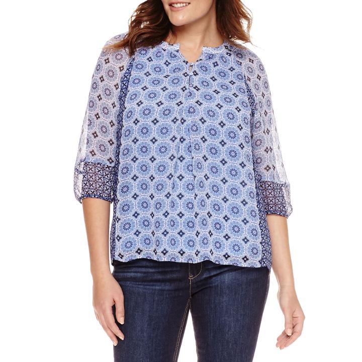 St. John's Bay 3/4 Sleeve Scoop Neck Woven Geometric Blouse-petites