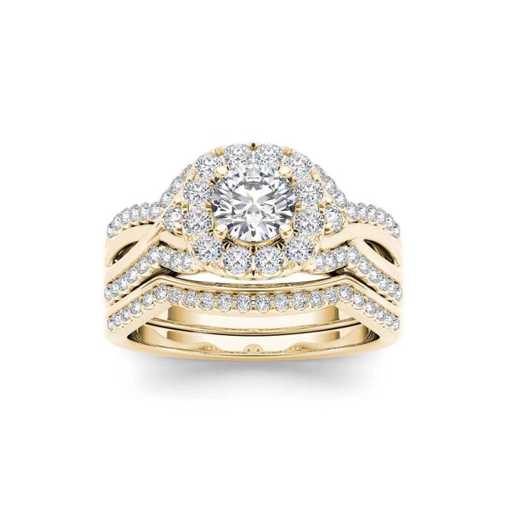 1 1/4 Ct. T.w. Diamond 14k Yellow Gold Halo Bridal Ring Set