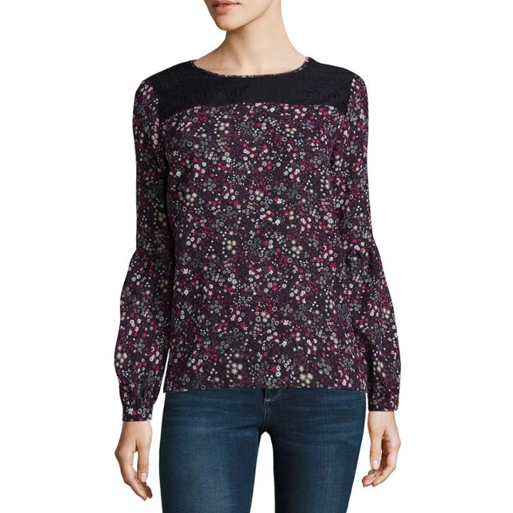 Liz Claiborne Long Sleeve Round Neck Woven Floral Blouse- Talls