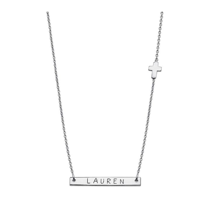 Personalized Sterling Silver Cross Charm Name Bar Necklace