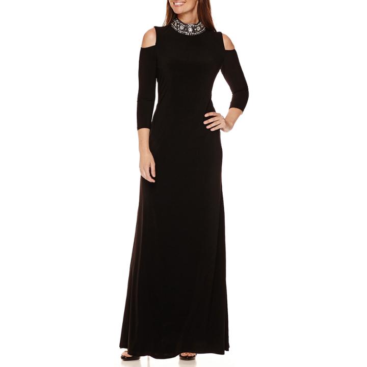 Blue Sage 3/4-sleeve Cold-shoulder Beaded Neck Formal Gown