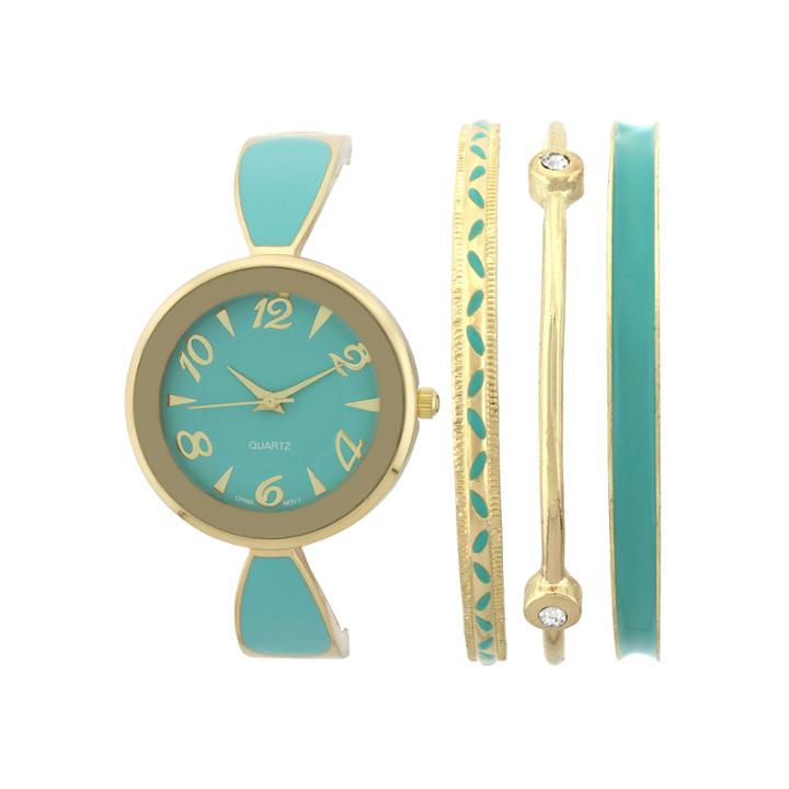 Womens Green Bangle Watch And Bracelet Set