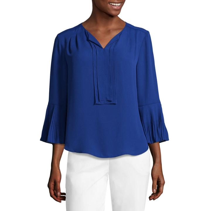 Liz Claiborne 3/4 Pleated Sleeve Split Neck Blouse