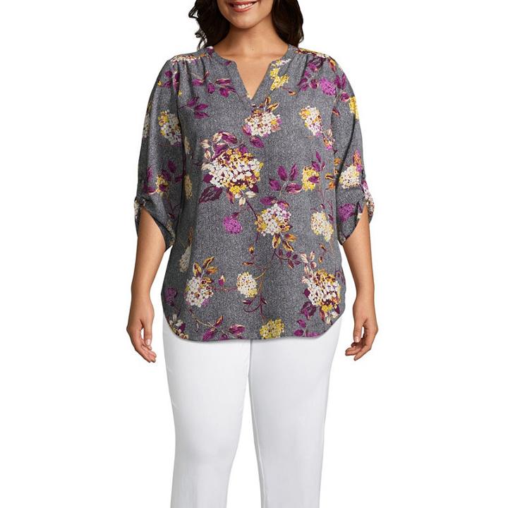 Worthington 3/4 Sleeve Split Crew Neck Woven Blouse - Plus