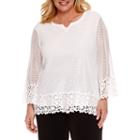 Alfred Dunner Lace It Up 3/4 Sleeve Split Crew Neck T-shirt-womens Plus