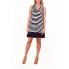 Nina Leonard Pleated Front Stripe Dress With Pockets