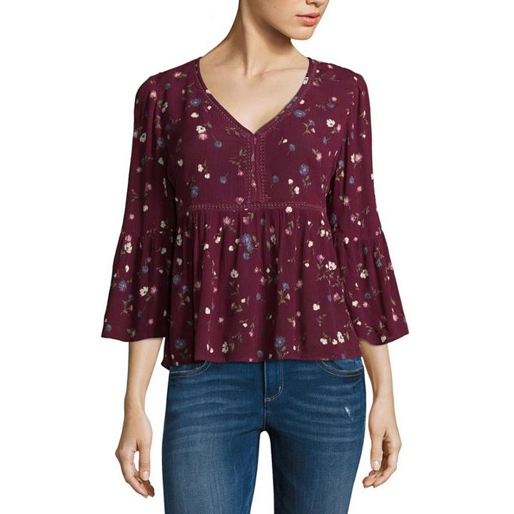 Arizona 3/4 Sleeve V Neck Woven Floral Blouse-juniors
