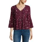 Arizona 3/4 Sleeve V Neck Woven Floral Blouse-juniors