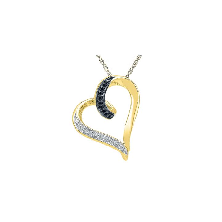 White And Color Enhanced Black Diamond Accent 10k Yellow Gold Heart Pendant Necklace