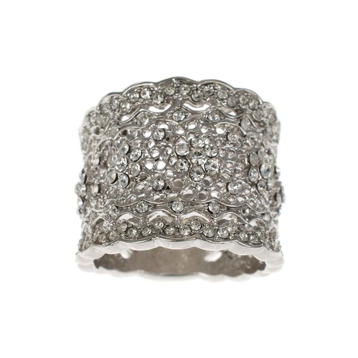 Jardin Crystal Silver-tone Wide Floral Filigree Pave Ring