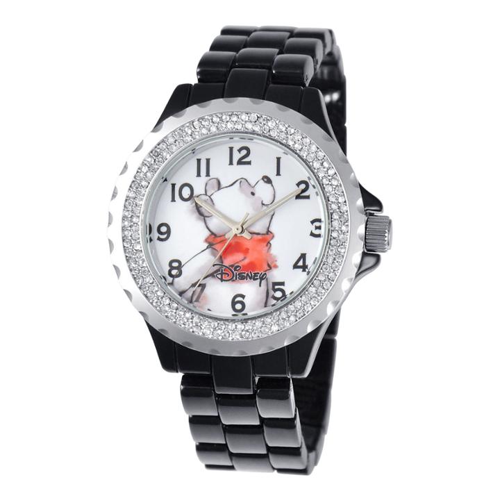 Disney Womens Winnie The Pooh Black Enamel Sparkle Watch