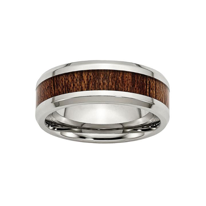 Personalized Mens 8mm Stainless Steel & Brown Wood Inlay Wedding Band