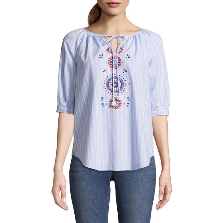St. John's Bay Embroidered Elbow Sleeve Puffed Sleeve Stripe Peasant Top