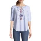 St. John's Bay Embroidered Elbow Sleeve Puffed Sleeve Stripe Peasant Top