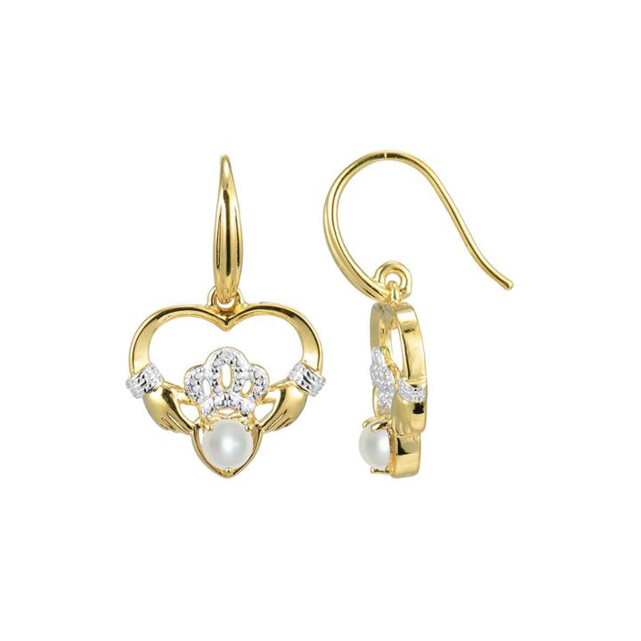 Cultured Freshwater Pearl And Diamond-accent Claddagh Earrings