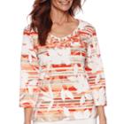 Alfred Dunner Feels Like Spring 3/4 Sleeve Leaf Print Top