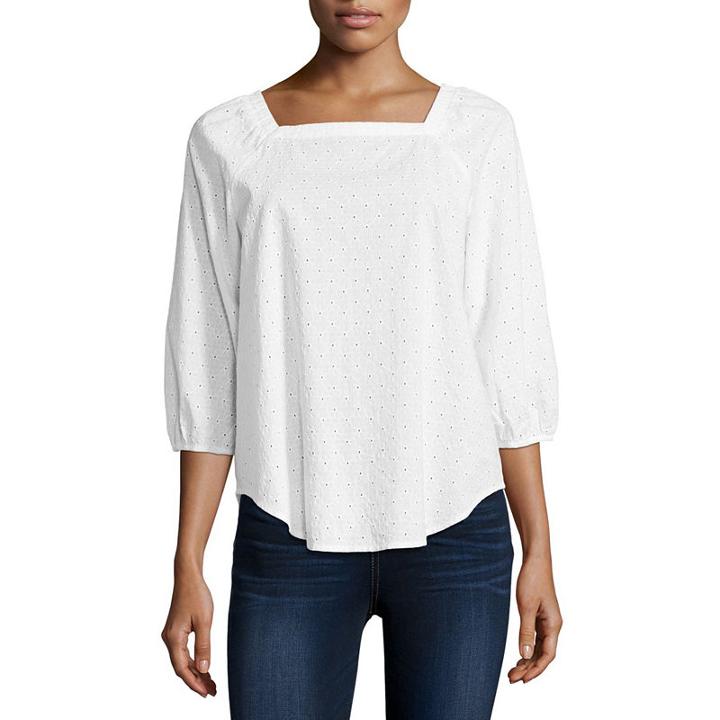 Liz Claiborne 3/4 Sleeve Eyelet Peasant Top