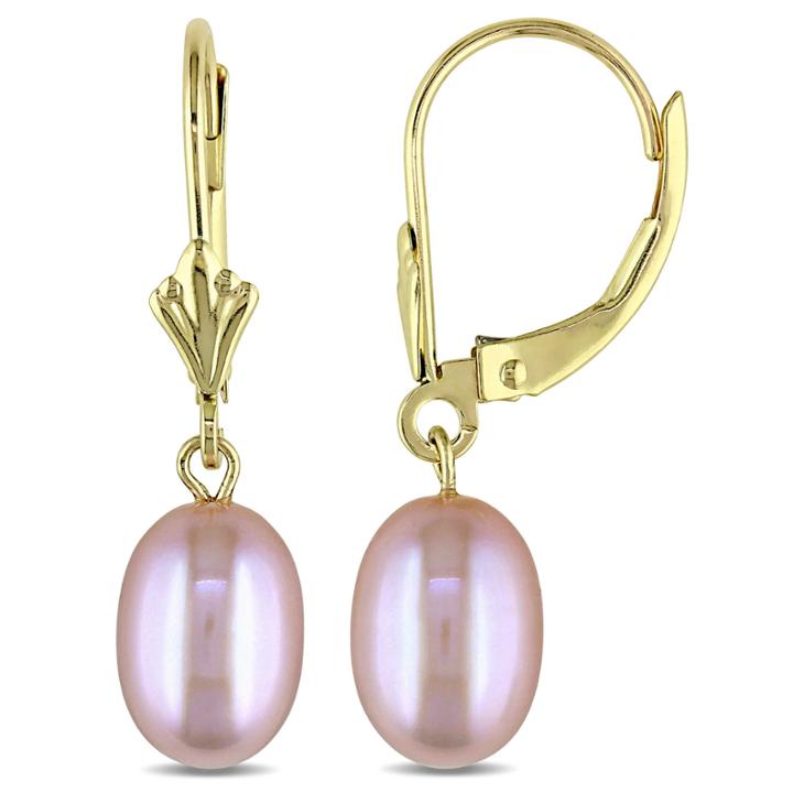 Pink Cultured Freshwater Pearl 10k Yellow Gold Earrings