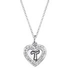 Silver-tone Crystal Heart T Pendant Necklace