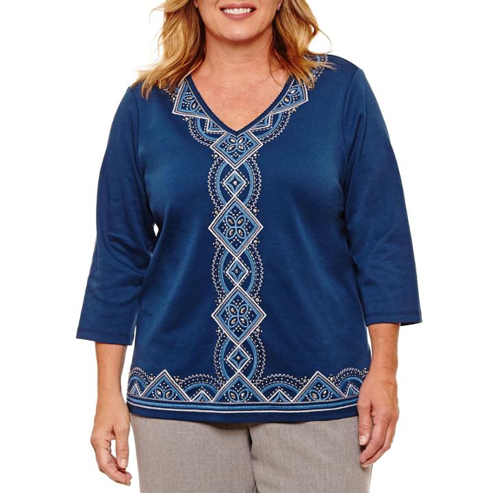 Alfred Dunner Arizona Sky 3/4 Sleeve V Neck T-shirt-womens Plus