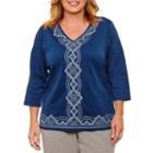 Alfred Dunner Arizona Sky 3/4 Sleeve V Neck T-shirt-womens Plus