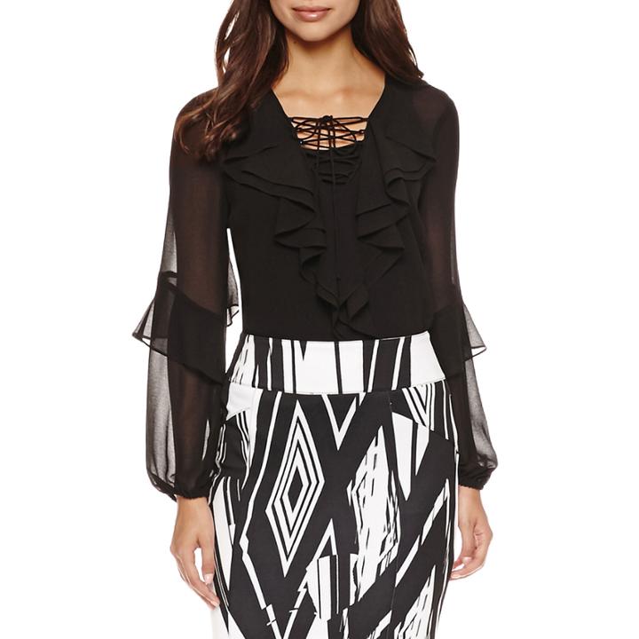 Bisou Bisou Long Sleeve Ruffle Lace Up Top