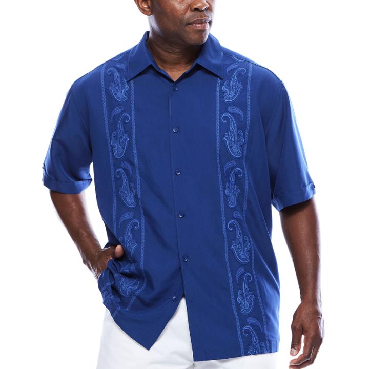 Havanera&trade; Embroidered Print Panel Short Sleeve Shirt