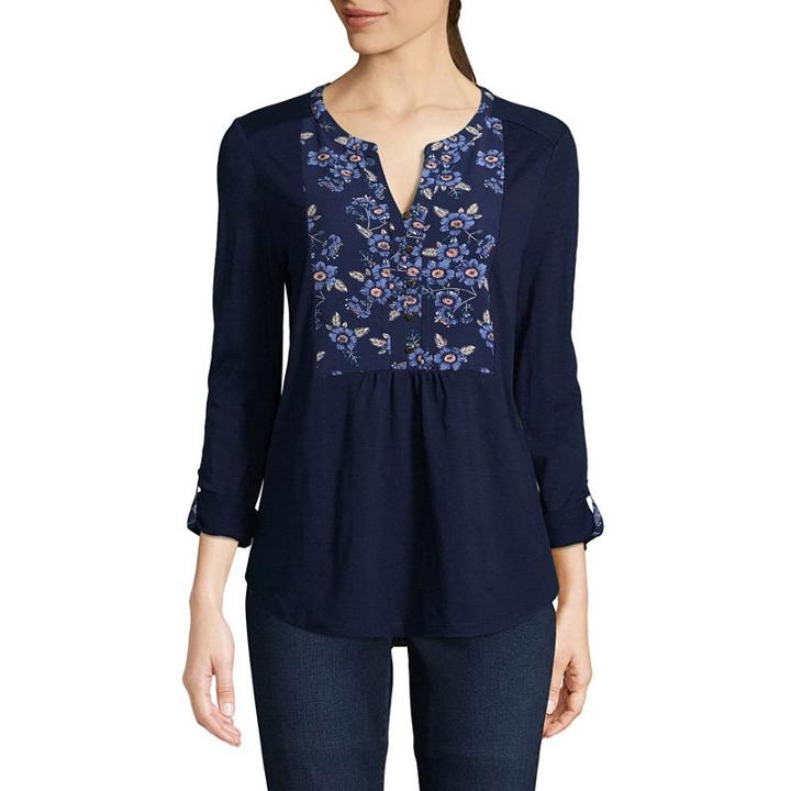 St. John's Bay 3/4 Sleeve Split Crew Neck Slubbed Blouse