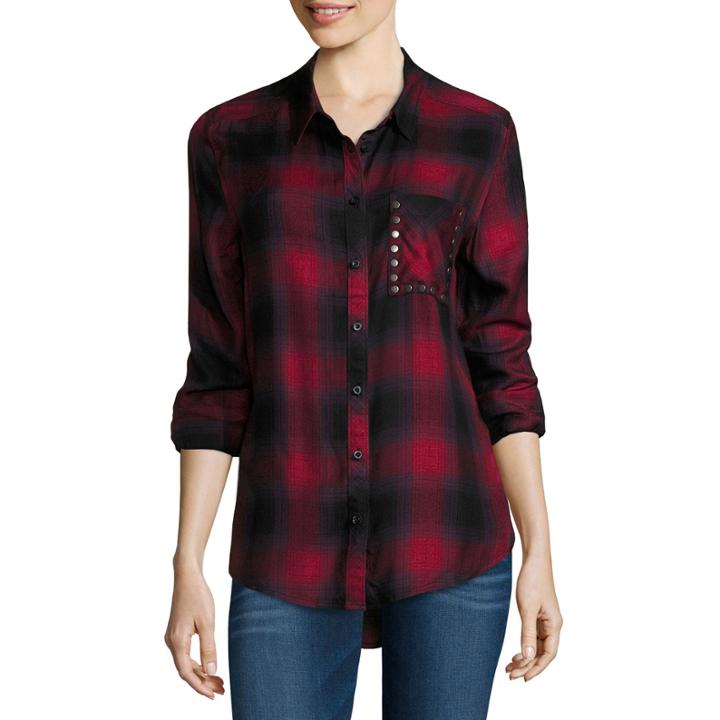 Arizona Long Sleeve Boyfriend Plaid Shirt With Studs- Juniors