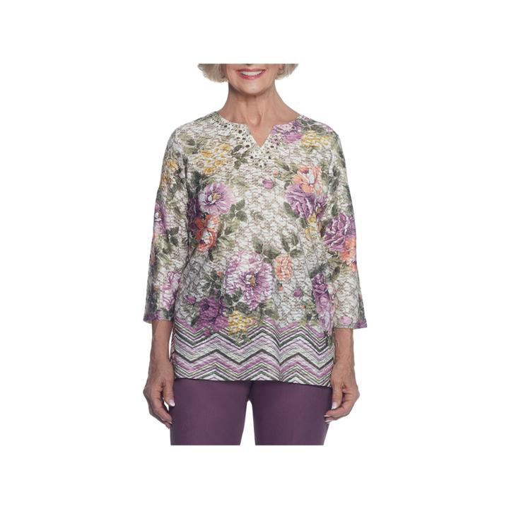 Alfred Dunner Palm Desert 3/4 Sleeve Split Crew Neck T-shirt-womens
