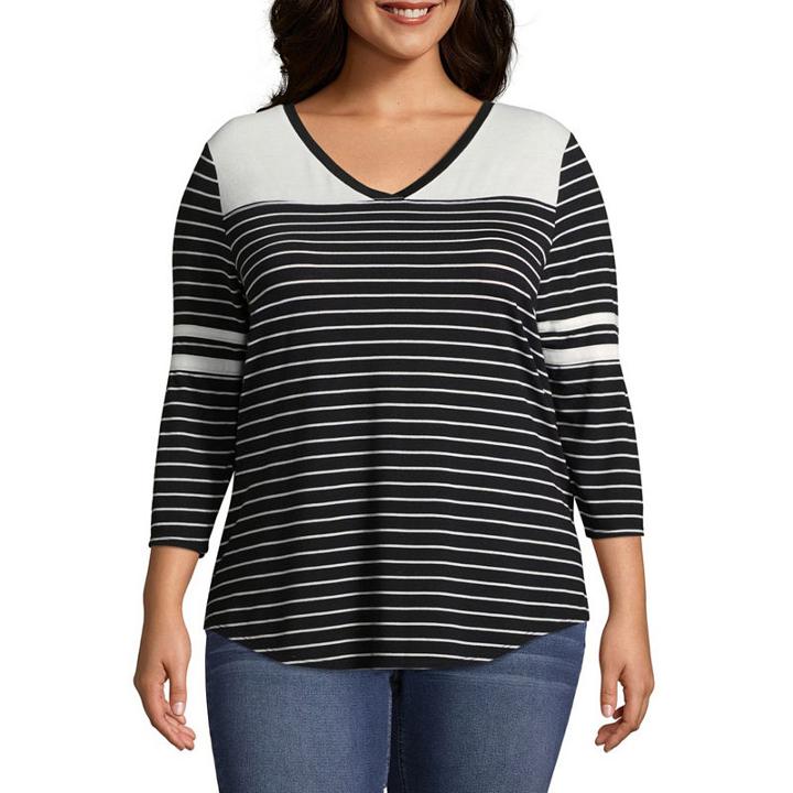 Arizona 3/4 Sleeve Scoop Neck Stripe T-shirt-womens Juniors Plus
