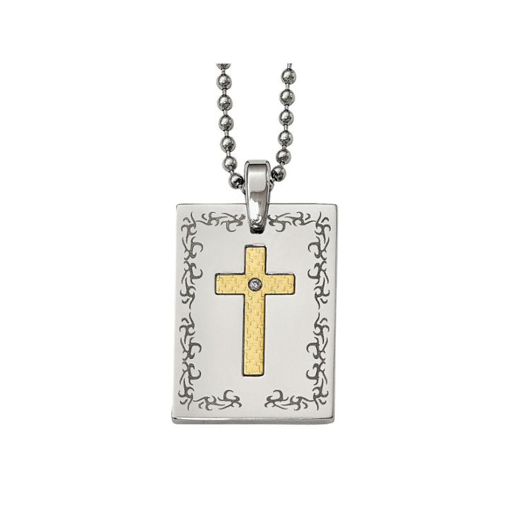 Mens Diamond Accent Stainless Steel & 18k Yellow Gold Polished Cross Pendant