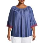 Lark Lane Cote D'azur Silky Chambray Peasant Top- Plus