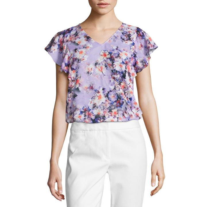 Liz Claiborne Short Sleeve V Neck Woven Floral Blouse