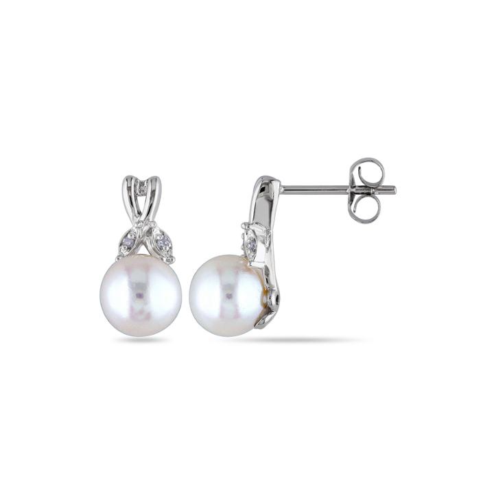 Cultured Freshwater Pearl And Diamond Accent 10k White Gold Earrings