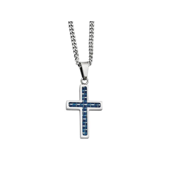 Mens Stainless Steel Blue Carbon Fiber Inlay Cross Pendant