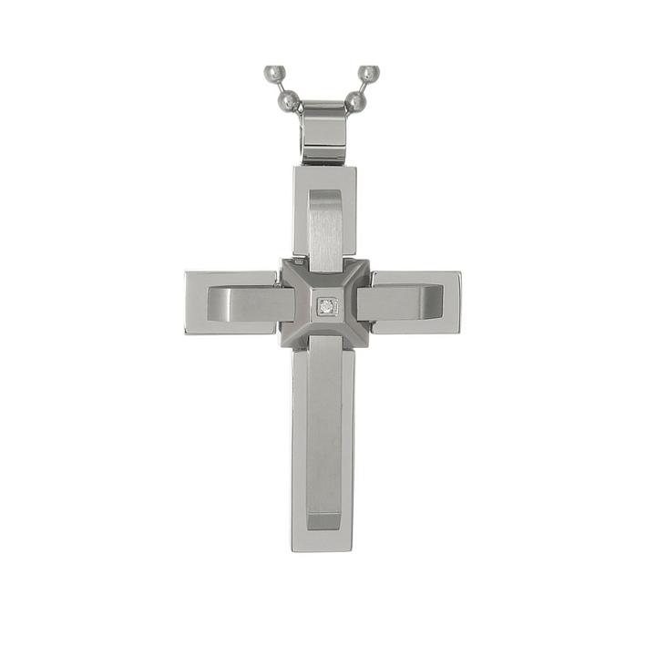 Mens Cubic Zirconia Stainless Steel Triple Layer Cross Pendant Necklace