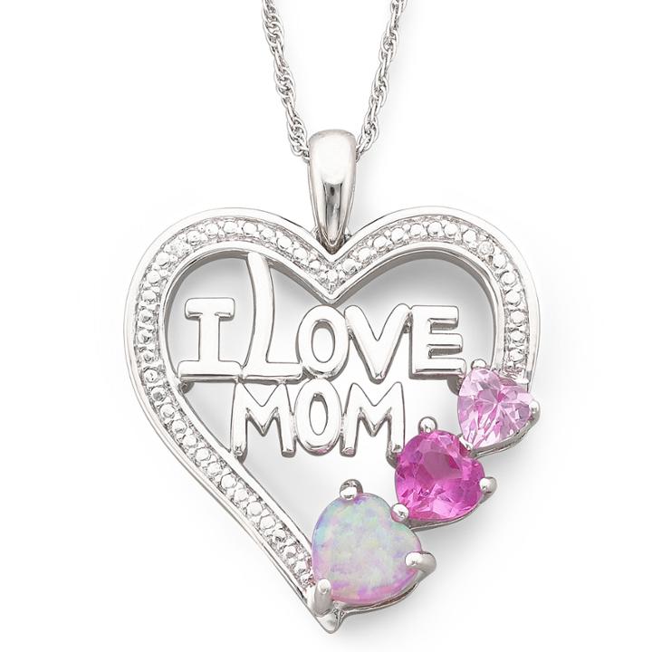 Multi-gemstone I Love Mom Heart Pendant Necklace