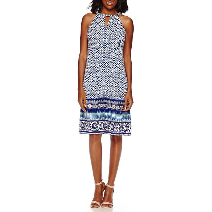 London Style Collection Sleeveless Halter Border-print Fit-and-flare Dress