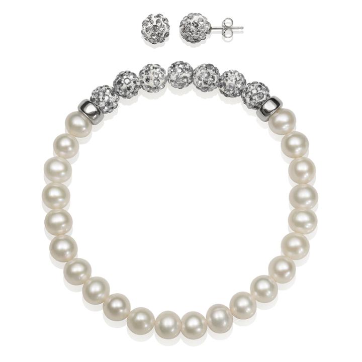 6-7mm Cultured Freshwater Pearl And 6mm Grey Lab Created Crystal Bead Sterling Silver Earring And Bracelet Set