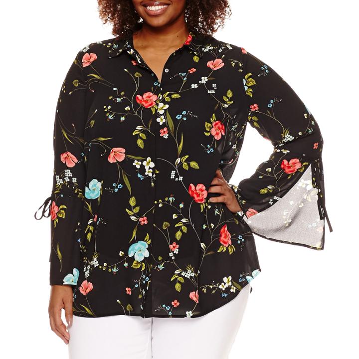 Worthington Long Bell Sleeve Button Front Shirt - Plus