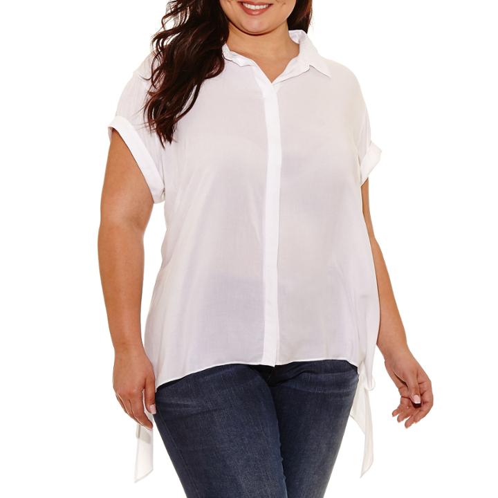 Boutique + Short Sleeve Button Front Woven Blouse-plus