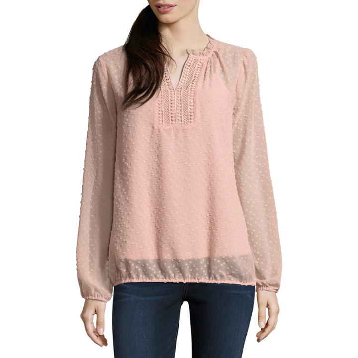 Liz Claiborne Long Sleeve Split Crew Neck Woven Blouse-talls