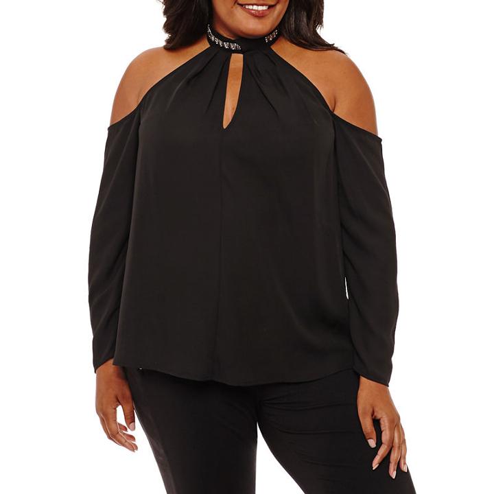 Bold Elements Long Sleeve Jewel Chocker Neck Blouse-plus