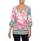 Lark Lane Island Hopping 3/4 Sleeve Split Neck Embellished Blouse