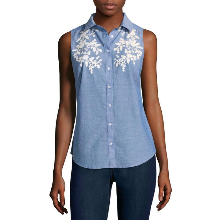 St. John's Bay Relaxed Fit Sleeveless Scroll Button-front Shirt