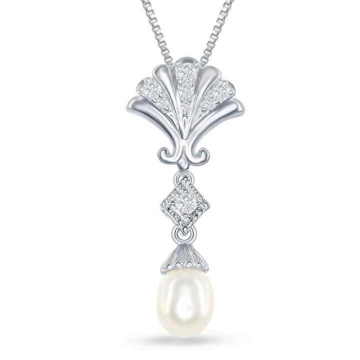 Enchanted Disney Fine Jewelry Cultured Freshwater Pearl & 1/10 C.t.t.w. Diamond Ariel Shell Pendant Necklace In Sterling Silver